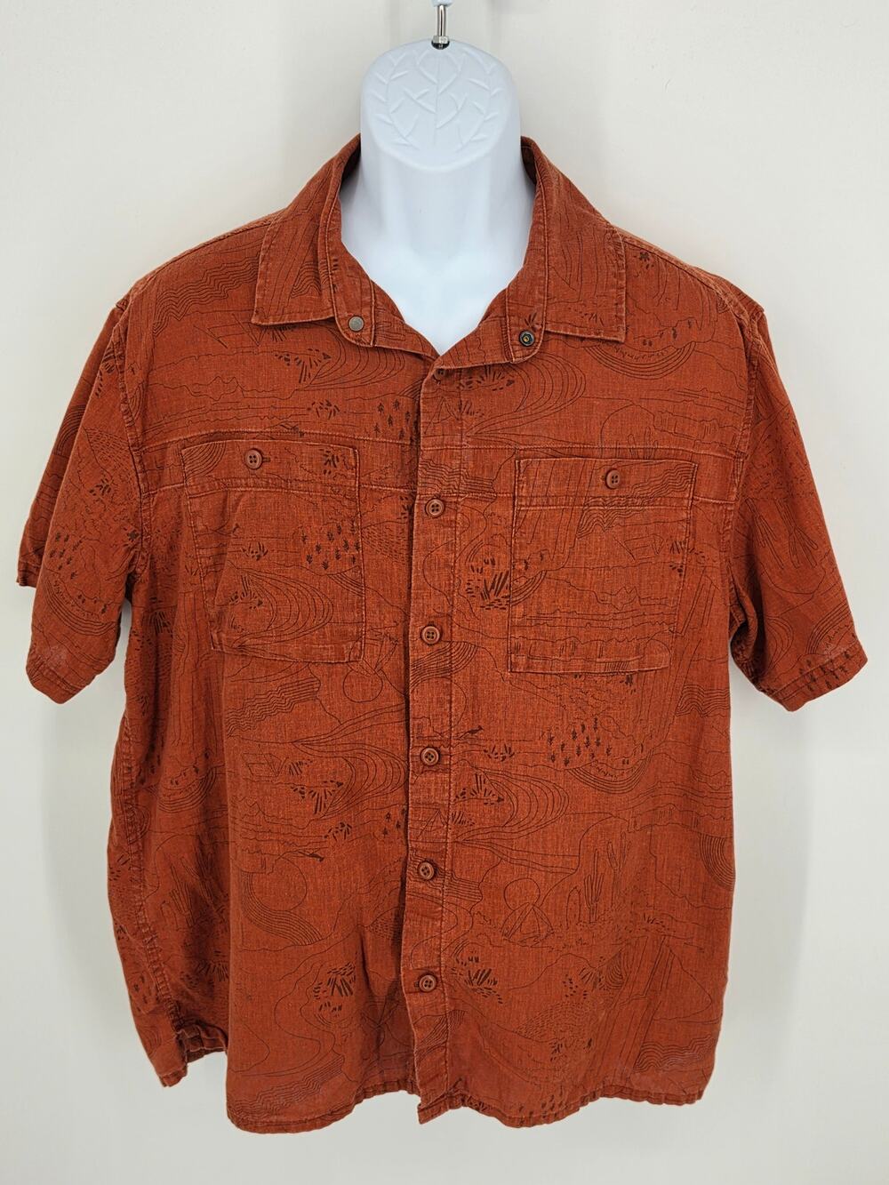 REI Co-op Shirt Large L Rust Orange Topo Map Wilderness Short Sleeve Button Up
